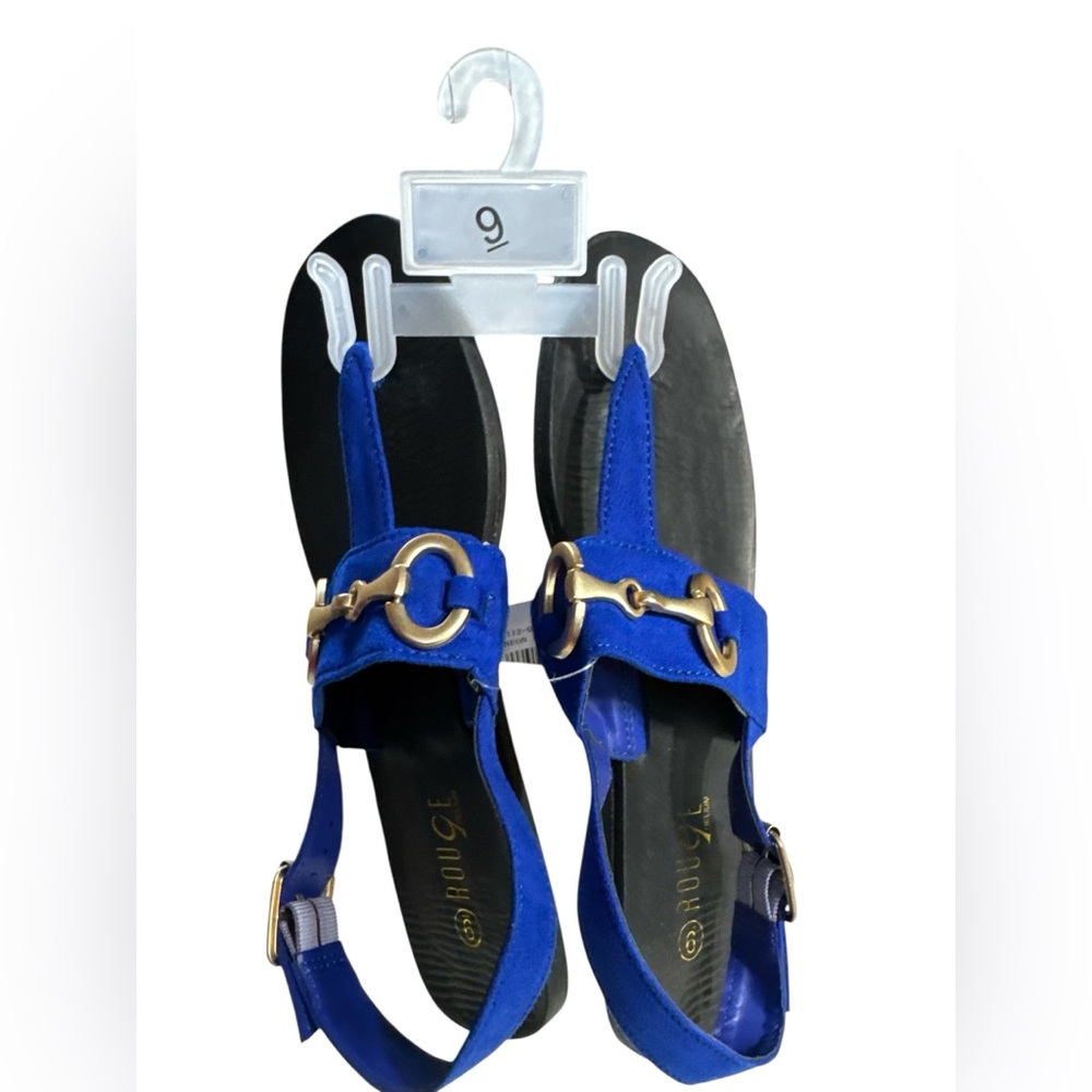 Rouge Helium Neon Blue Brass Detail Horsebit T-Strap Thong Sandals Size 9 - Picture 4 of 7